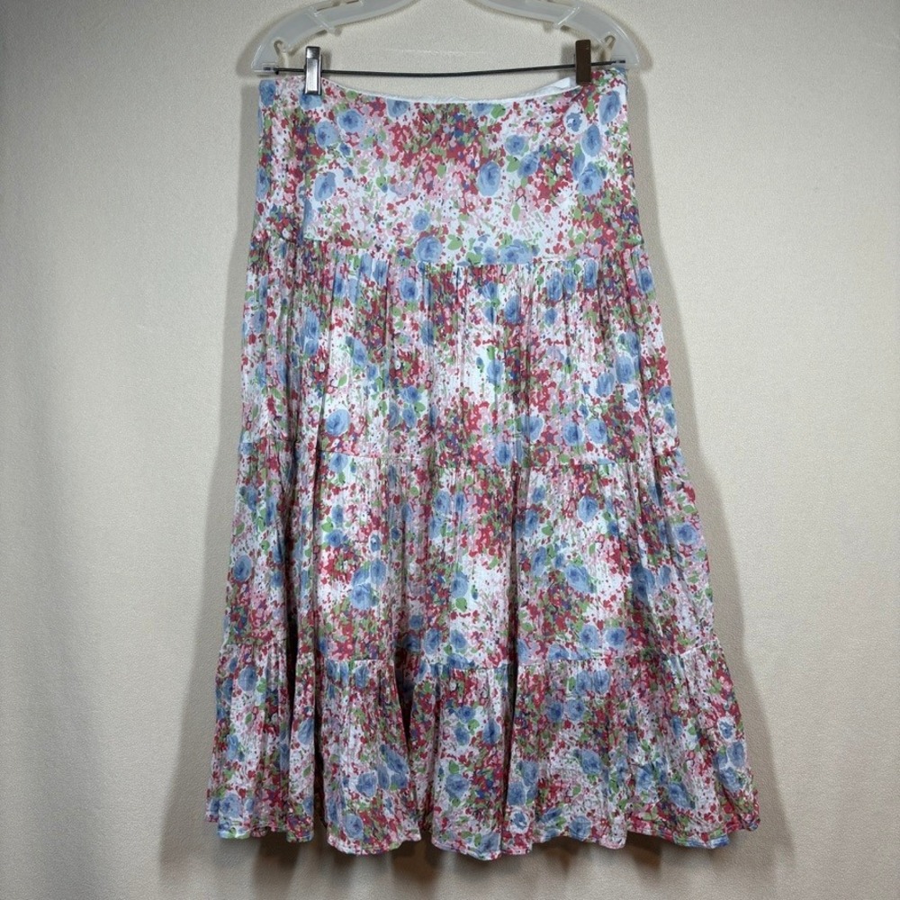 Chaps Denim Womens Floral Tiered Maxi Skirt S Blue Pink Boho Cottagecore Prairie